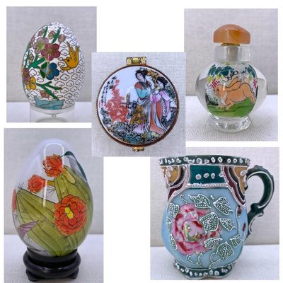 Sale Photo Thumbnail #407: 5 pc Vintage Japanese Moriage, Chinese Cloisonne, Reverse Painted Snuff, Hummingbird, Porcelain Box