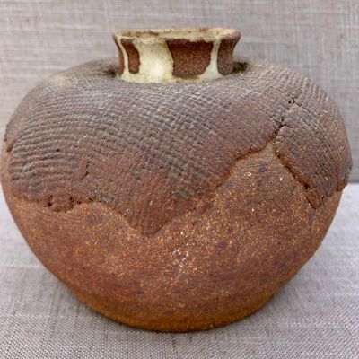 Sale Photo Thumbnail #268: Outstanding Vintage Artist Created Wabi-Sabi Fabric Textured Stoneware Vase with Glazed Interior
