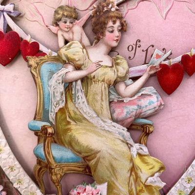 Sale Photo Thumbnail #421: LARGE 15 inch Antique Victorian Embossed Pink Rose Offering of Love Die Cut Stand Up Sweetheart Card