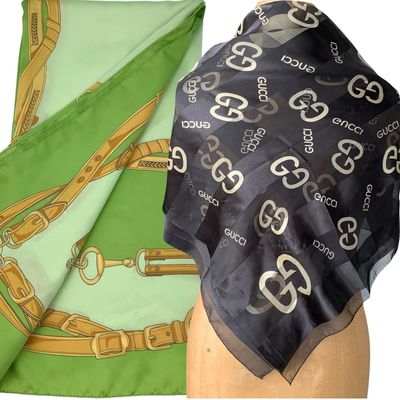 Sale Photo Thumbnail #254: Large 72 x 42 Vintage GUCCI and 34 x 34 Lime Silk Equestrian Harness Scarf