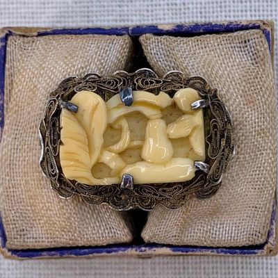 Sale Photo Thumbnail #16: Antique Chinese Export Hand Carved Silver Filigree Ring in Old Silk Trimmed Ring Box Base