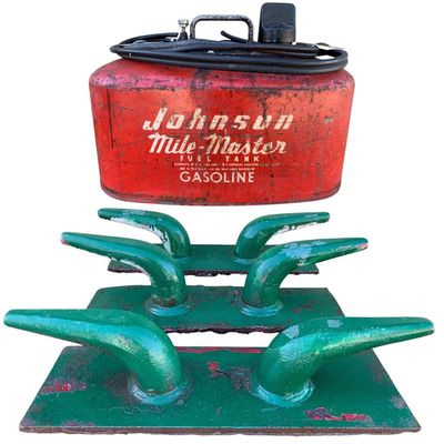 Sale Photo Thumbnail #437: 3 Vintage Iron Maritime Ship Dock Cleats and Johnson Mile-Master 4 Gallon Boat Fuel Tank