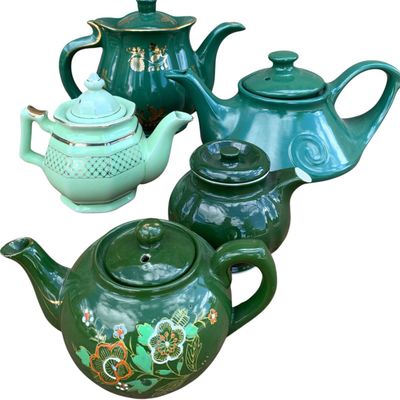 Sale Photo Thumbnail #405: 5 Vintage Pine and Jade Green Pottery, Redware, Teapots