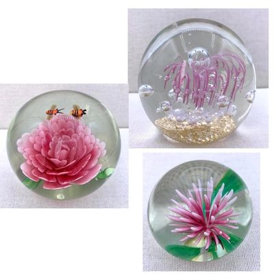 Sale Photo Thumbnail #211: 3 Rose Pink Vintage Studio Art Glass Paperweights: Insect, Floral, Controlled Bubble