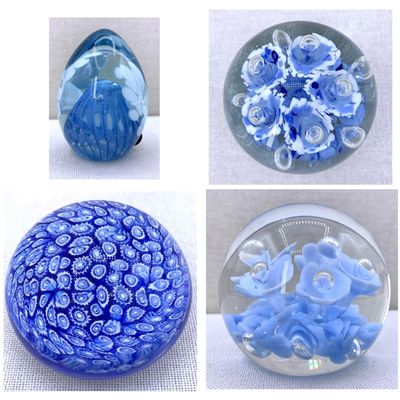 Sale Photo Thumbnail #226: 4 Sky Blue Vintage Studio Art Glass Paperweights: Maude and Bob, Gentile, Mt. St. Helens Ash Glass
