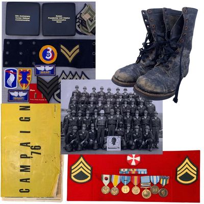 Sale Photo Thumbnail #429: 50 pc Vintage US Military Collection: Blue Devils Autographed Photo, Jump Boots, Medals, Discharge