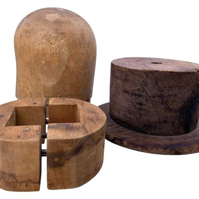 Sale Photo Thumbnail #291: 3 pc Antique to Vintage Millinery, Hat Factory, Wooden Top Hat, Grand Chapeaux, Blocks and Stretcher