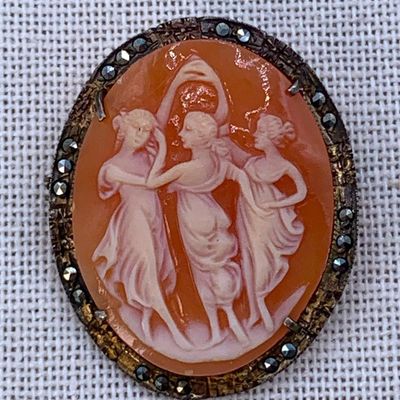 Sale Photo Thumbnail #61: Vintage 900 Silver Hand Carved Three Grace's Cameo and Glittering Marcasite Brooch/Pendant