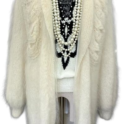 Sale Photo Thumbnail #337: Luxurious Vintage Pearl Studded Cream Mohair Evening Jacket, Dolman Sweater & Faux Pearl Necklaces