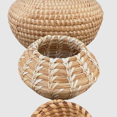 Sale Photo Thumbnail #24: Trio of Vintage Coiled Sweetgrass and Papago Baskets: Miniature to 11 inch in Size
