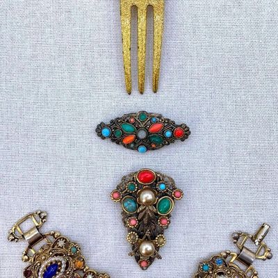 Sale Photo Thumbnail #251: Opulent 4 pc Victorian Revival Art Deco to Mid Century Jewelry and Celluloid Hair Comb Lot
