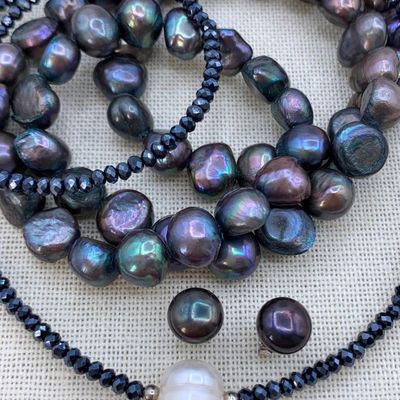 Sale Photo Thumbnail #68: 2 Peacock and Cream Baroque Freshwater Pearl, Faceted Spinel, Necklaces and Pearl Stud Earrings