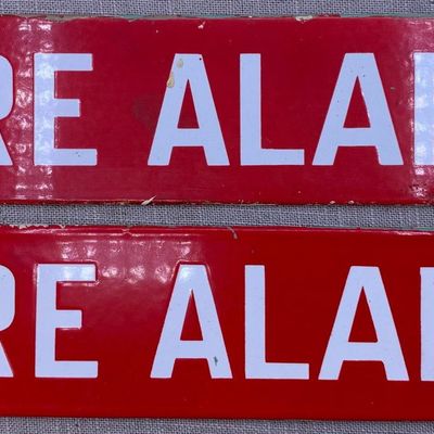 Sale Photo Thumbnail #235: 2 Vintage Red and White Porcelain 12 inch Fire Alarm Signs