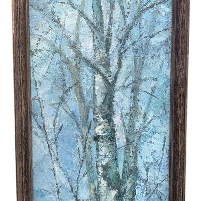 Sale Photo Thumbnail #8: Outstanding Vintage 1967 Oil on Board Wood Framed Artist Signed GARVEN Birch Tree Forest Painting