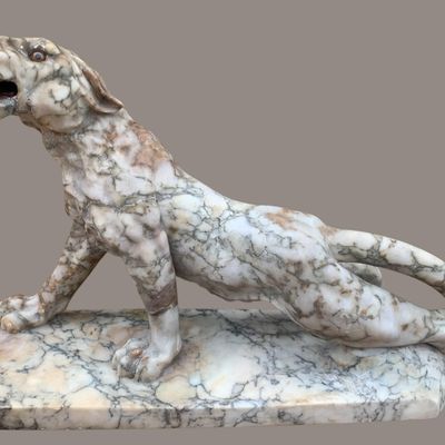Sale Photo Thumbnail #248: Striking Antique Carved Italian Marble Roaring Panther, Large Big Cat, Sculpture