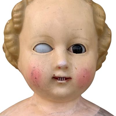 Sale Photo Thumbnail #93: Large 22 inch c1860s Victorian Wax Head Open Mouth with Teeth, Cocoa Glass Eye, Blonde Doll