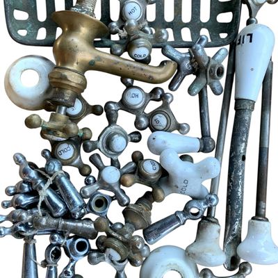 Sale Photo Thumbnail #161: 37 pc Antique to Vintage Porcelain and Metal Hot/Cold Faucet Fixture Handle Lot