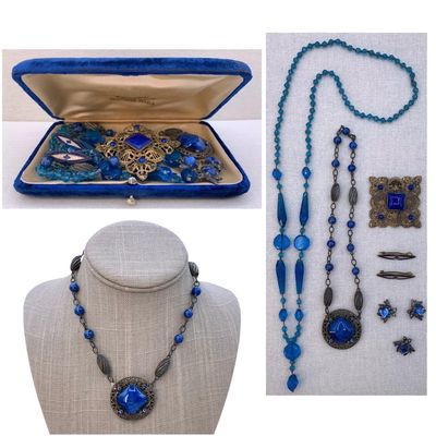 Sale Photo Thumbnail #146: 8 pc Antique to Vintage Azure Glass, Enamel, Cobalt Flapper Jewelry in Sapphire Velvet Jewel Case