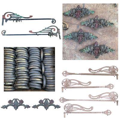 Sale Photo Thumbnail #445: 170 pcs Vintage Architectural Swing Arm Curtain Rods and Brass Rings, Clear Glass Curtain Tie Backs