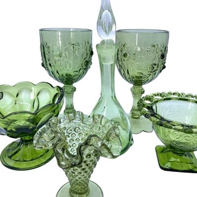 Sale Photo Thumbnail #358: 7 pc Mid Century Lime Green Bischoff, Anchor Hocking, Fenton, Indiana Avocado Green Glass
