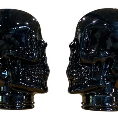 Sale Photo Thumbnail #42: PAIR Gothic Onyx Glass Haberdashery Skull Hat Display Heads