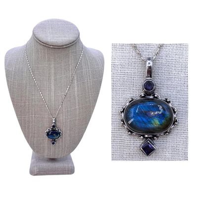 Sale Photo Thumbnail #201: Glowing Large Carat Labradorite Cabochon Sterling Silver Necklace