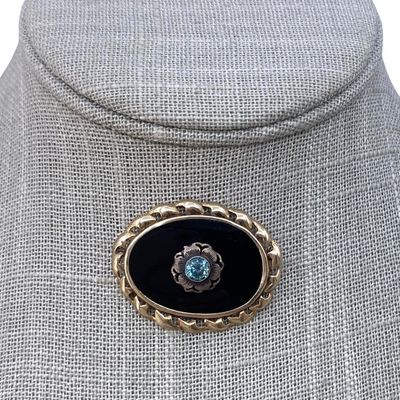 Sale Photo Thumbnail #209: Fine Antique 10k Gold, Onyx, Blue Zircon Oval Openwork Brooch
