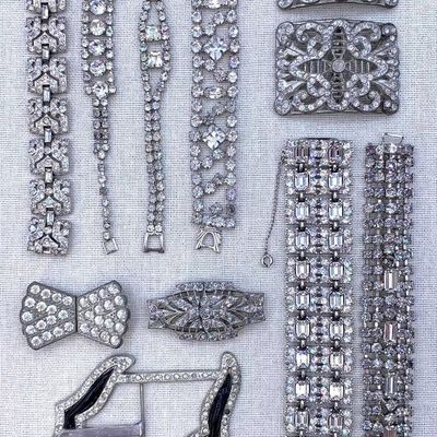 Sale Photo Thumbnail #215: 15 pc Glittering Antique to Vintage Millinery, Garment, Buckles and Mid Century Bracelet Collection
