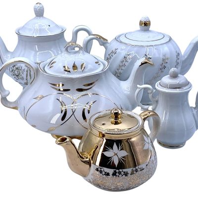 Sale Photo Thumbnail #256: 5 Vintage Sadler England, Kingwood China USA, Gilded Cream Teapots