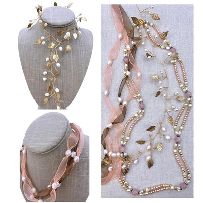 Sale Photo Thumbnail #159: 3 Blushing Apricot and Cream Freshwater Pearl, Rose Pink Quartz, Necklaces