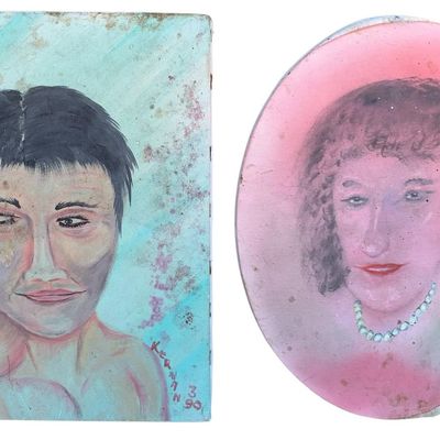 Sale Photo Thumbnail #440: Pair of Quirky Hand Painted Vintage Oil on Canvas Figural Art Paintings