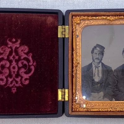Sale Photo Thumbnail #207: September 1862 Civil War Double Soldier Tin Type Photograph in Guttapercha Stag Hunt Union Case