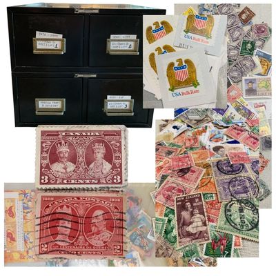 Sale Photo Thumbnail #436: 2300+ Vintage US and Antique to Vintage International Postage Stamps in Metal Storage Cabinet