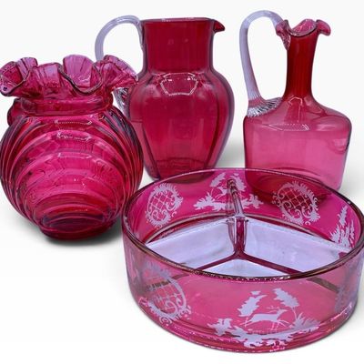 Sale Photo Thumbnail #182: 4 pc Vintage Cranberry Art Glass Collection: Vase, Pitcher, Claret Jug, Stag Divided Serving Dish