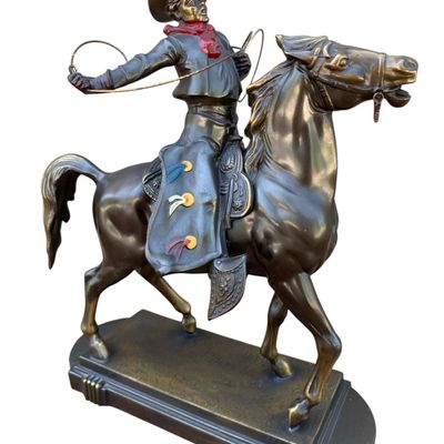 Sale Photo Thumbnail #50: Quality Vintage K and O Co. Bronzed Metal Rodeo Cowboy on Horse Statue