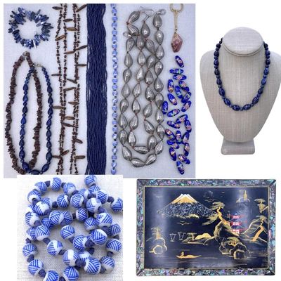 Sale Photo Thumbnail #274: Exotic 31 pc Lapis, Chinese Porcelain, Red Tigers Eye, Sodalite, Dried Seed Jewelry in Lacquer Chest