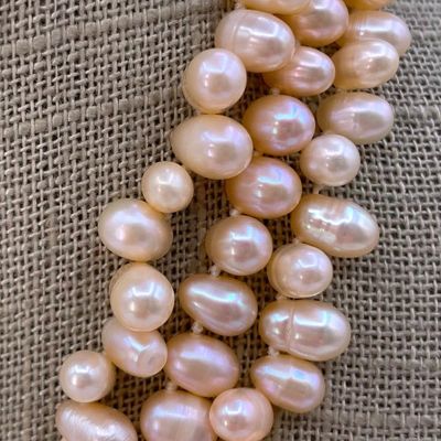 Sale Photo Thumbnail #4: Luminous Triple Strand Blushing Apricot Teardrop Baroque Freshwater Pearl Necklace