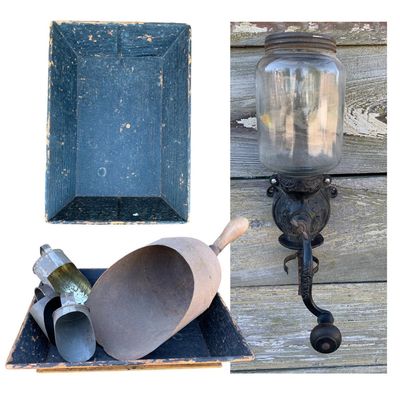 Sale Photo Thumbnail #433: Antique Steinfeld Wall Coffee Grinder, Primitive Kitchen Tray & General Store Scoop Collection