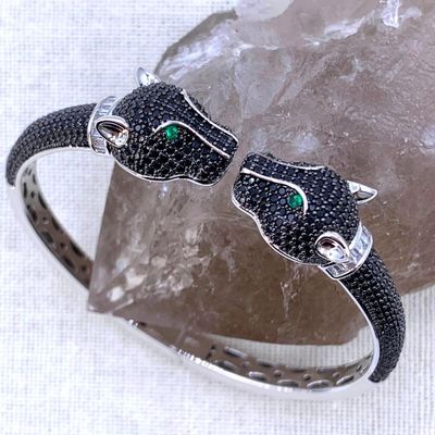 Sale Photo Thumbnail #284: Striking Pave Midnight Black CZ Double Headed Green Eyed Hinged Bangle Panther Big Cat Bracelet