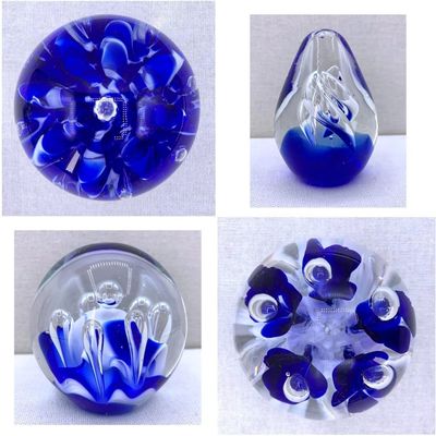 Sale Photo Thumbnail #278: 4 Cobalt Blue, White and Clear Vintage Studio Art Glass Paperweights: Gibson, Maude and Bob, Seapoot