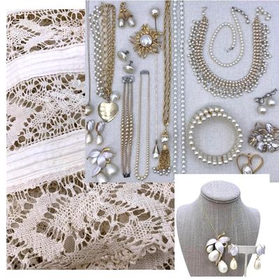 Sale Photo Thumbnail #59: Salvaged Antique Petticoat Lace, 24 pc Vintage Sterling, Faux Pearl Jewelry, Hatpins, Collection