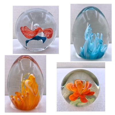 Sale Photo Thumbnail #257: 4 Tangerine and Aqua Vintage Studio Art Glass Paperweights: Italian Murano