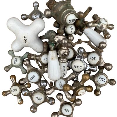 Sale Photo Thumbnail #121: 20 pc Antique to Vintage Porcelain and Metal Hot/Cold Faucet Handle Lot