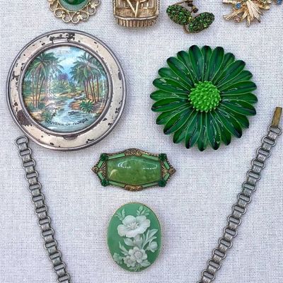 Sale Photo Thumbnail #368: 11 pc Art Deco to Mid Century Sage Green Jewelry and Compact Collection