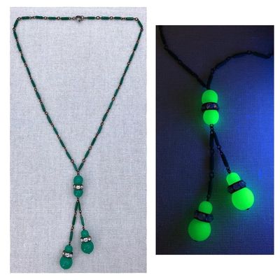 Sale Photo Thumbnail #127: Incredible 1920s Antique Uranium Glow Peking Glass Rhinestone Rondelle Y Tassel Necklace