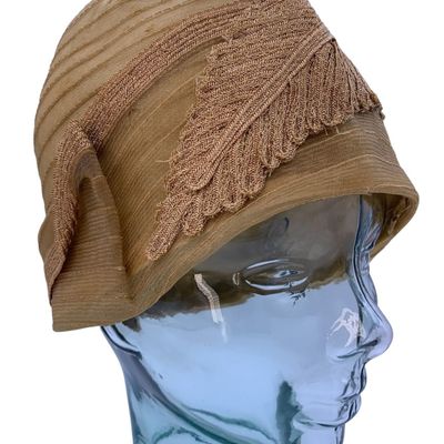 Sale Photo Thumbnail #167: 1920's Flapper era Woven Nutmeg Horsehair Leaf Detailed Cloche, Newport Hat Millinery Label
