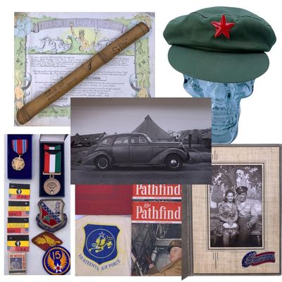 Sale Photo Thumbnail #448: Vintage US Military WWII Souvenir, Medals, Soldier Photos, Communist Chinese Officer's Hat, Patches