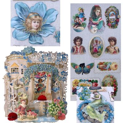 Sale Photo Thumbnail #444: 34 pc Antique German Best Wishes Pop Up Vignette Card, Valentines and Victorian Scrap Collection