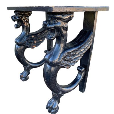 Sale Photo Thumbnail #435: Salvaged Antique Raven Black Winged Griffin Leg Carved Wood Bench, Gothic Side Table