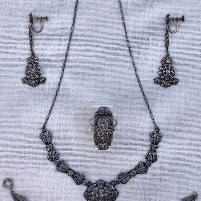Sale Photo Thumbnail #92: Fine Antique 1920s Sterling Silver and Marcasite Demi-Parure Necklace, Bracelet, Ring and Earrings